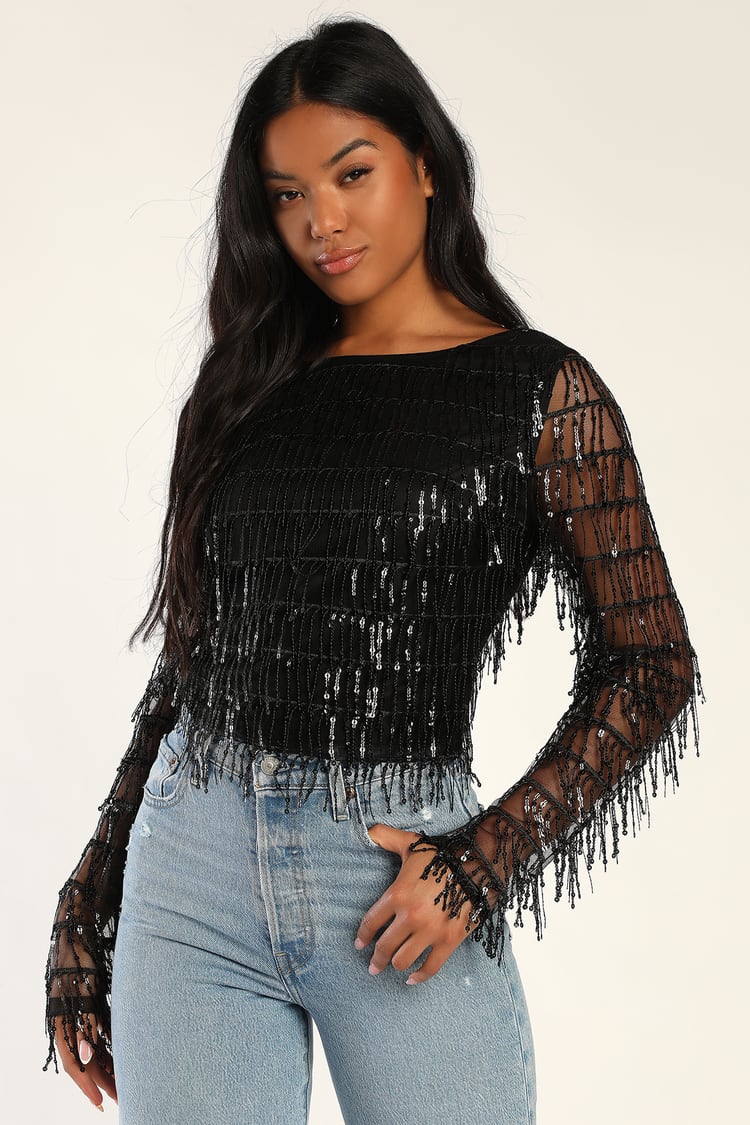 Black Sequin Fringe Long Sleeve Crop Top | Womens | X-Small (Available in S, M, L, XL) | 100% Polyester | Lulus | Dressy Tops | Tops